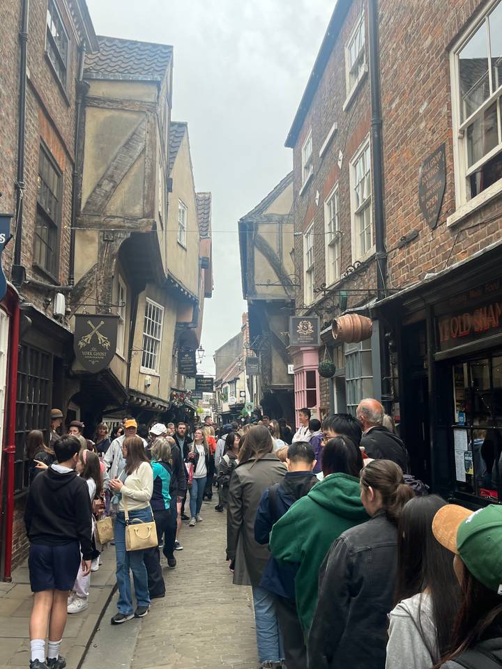 Rue piétonne bondée avec bâtiments historiques.