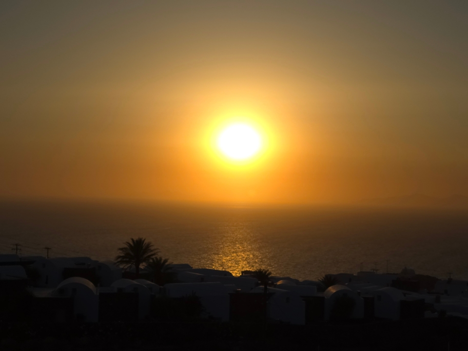 Coucher de soleil sur l'océan avec des silhouettes de bâtiments et un palmier.
