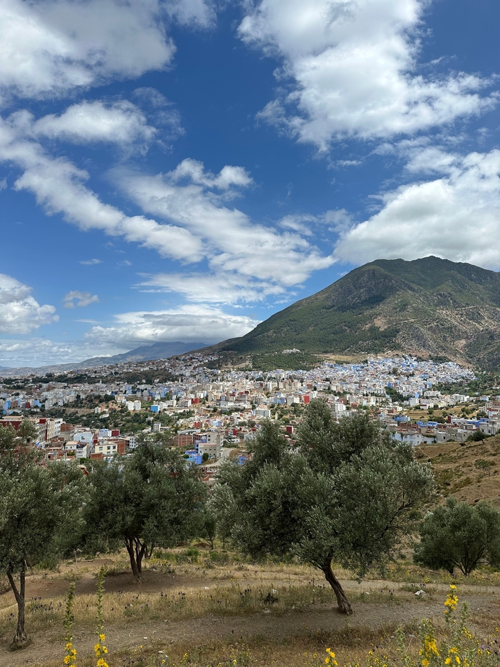 Vue panoramique d'une ville au pied d'une montagne avec un ciel partiellement nuageux.