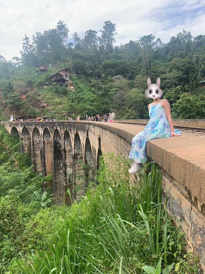 Personne avec un emoji de lapin sur le visage assise sur un parapet en pierre près d'un pont.