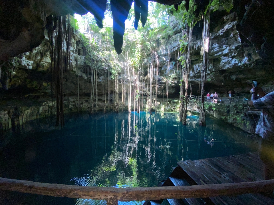 Cénote époustouflant avec une eau bleue cristalline et une végétation luxuriante.