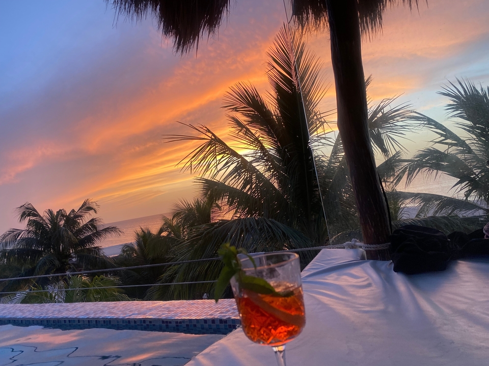 Vue du coucher de soleil à travers les palmiers avec une boisson au premier plan.