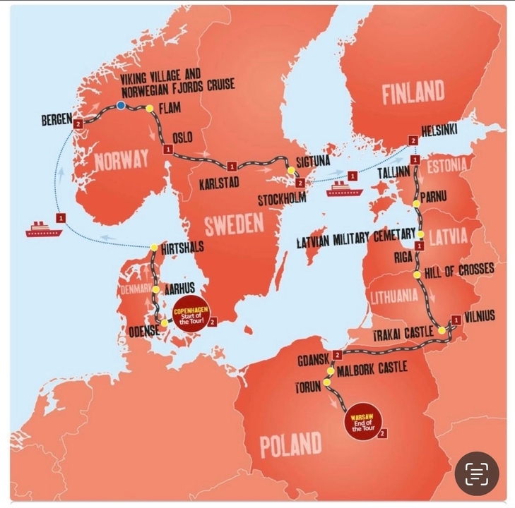 Une carte montrant un itinéraire de voyage à travers plusieurs pays.