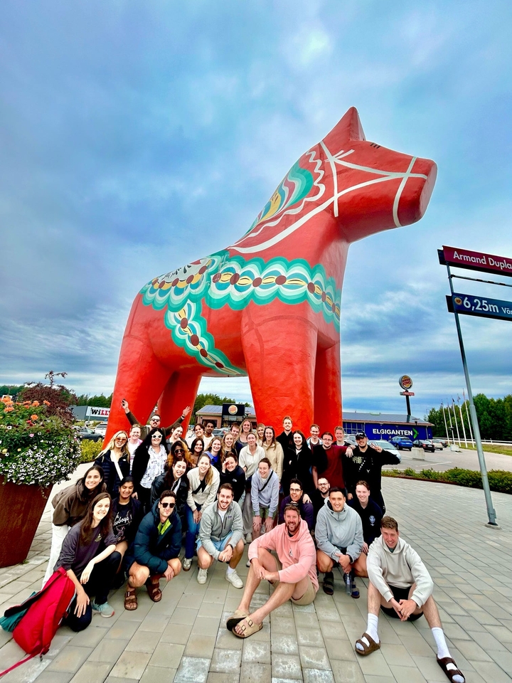 Large group of people posing in front of a giant colorful Dala horse statue.