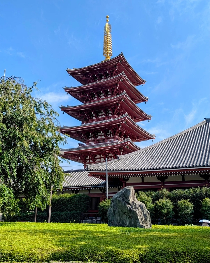 Grande pagode au design complexe à côté d'un bâtiment japonais traditionnel.
