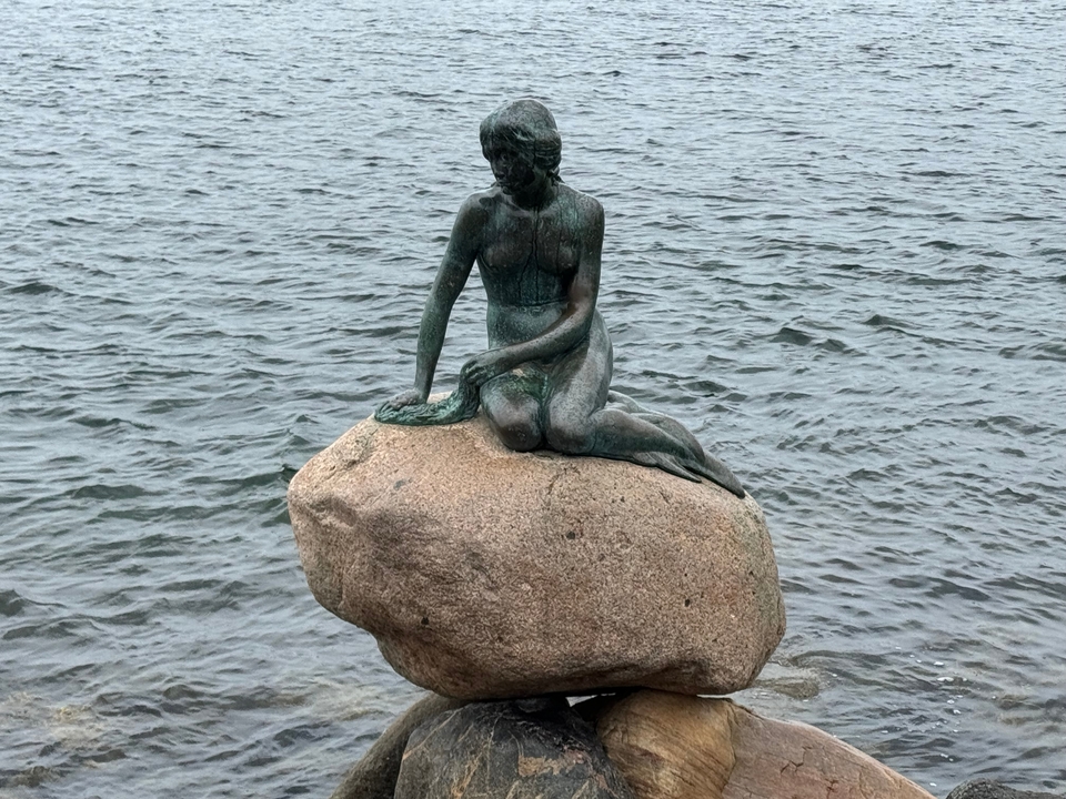 La statue de la Petite Sirène située sur un rocher au bord de l'eau.
