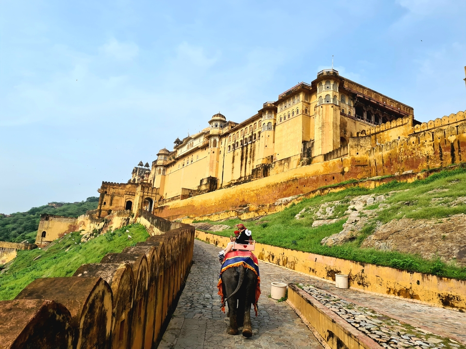 Un magnifique fort sur une colline avec un éléphant sur le sentier.