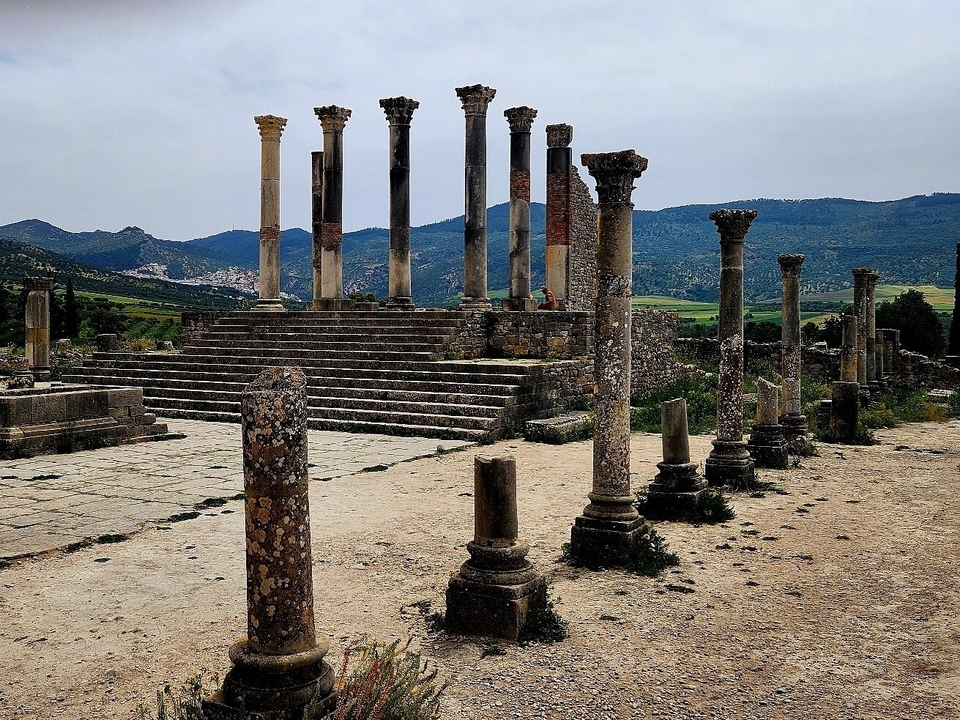 Ruines romaines antiques avec des colonnes et un arrière-plan herbeux.