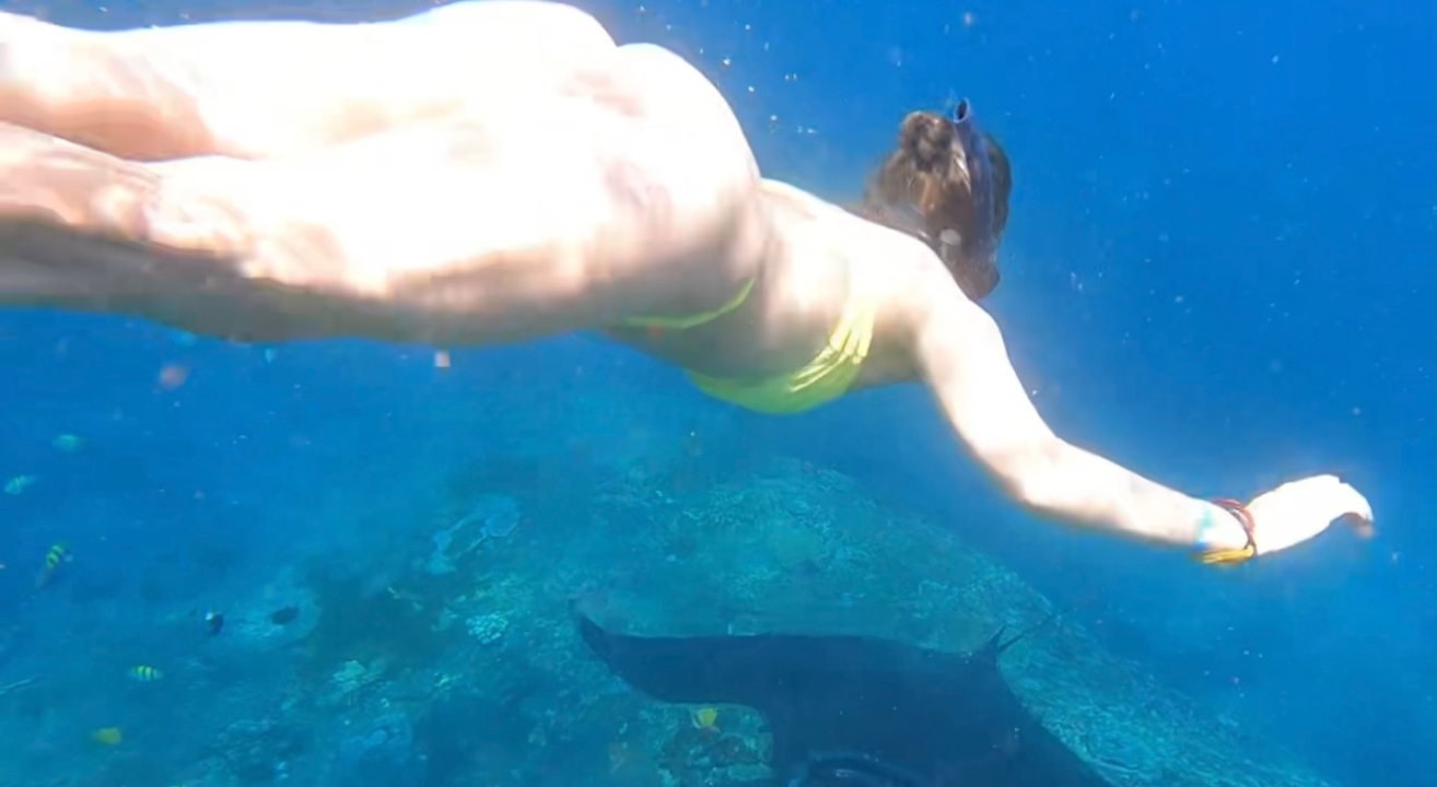 Une femme faisant de la plongée avec tuba sous l'eau près d'une raie manta.