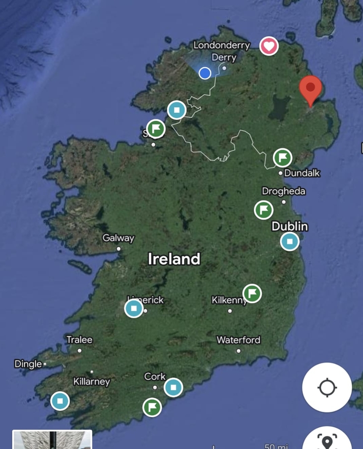 Carte de l'Irlande avec diverses villes marquées.