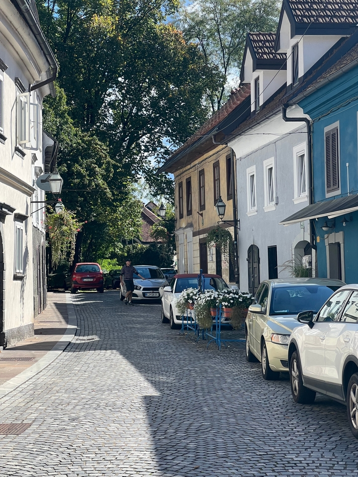 Charmante rue pavée dans une ville européenne avec des voitures garées.