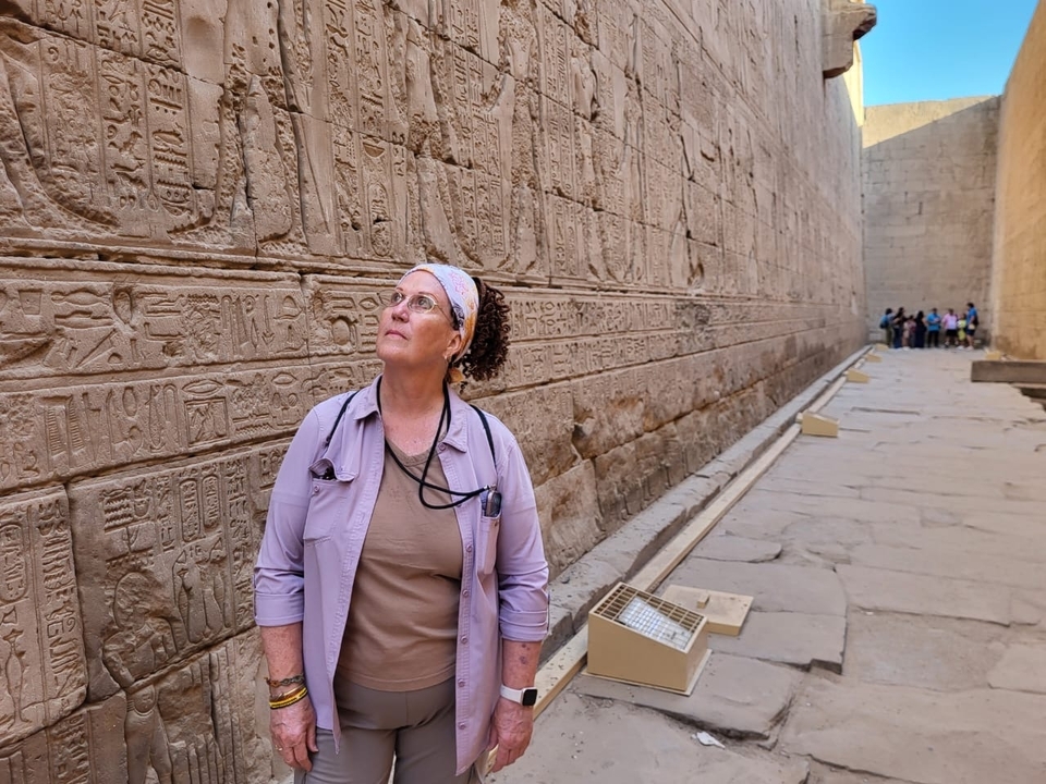 Personne observant des hiéroglyphes sur un grand mur de pierre.