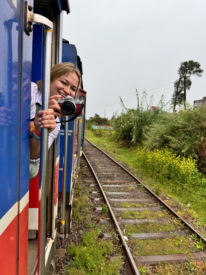 Personne dans un train tenant un appareil photo avec de la verdure à l'extérieur.