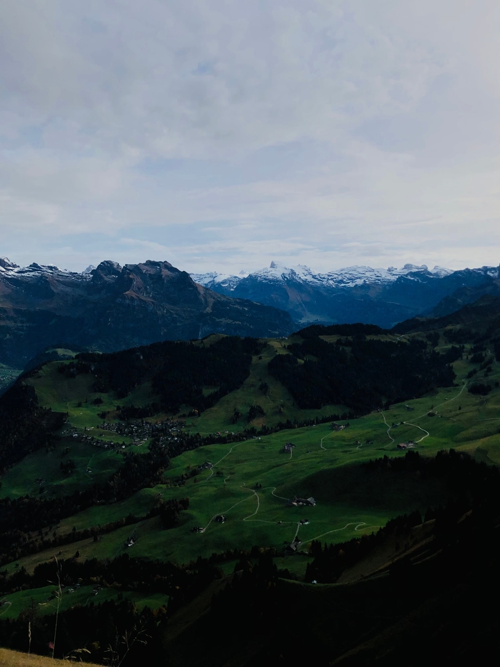 Vue panoramique de montagnes enneigées et de champs verts.