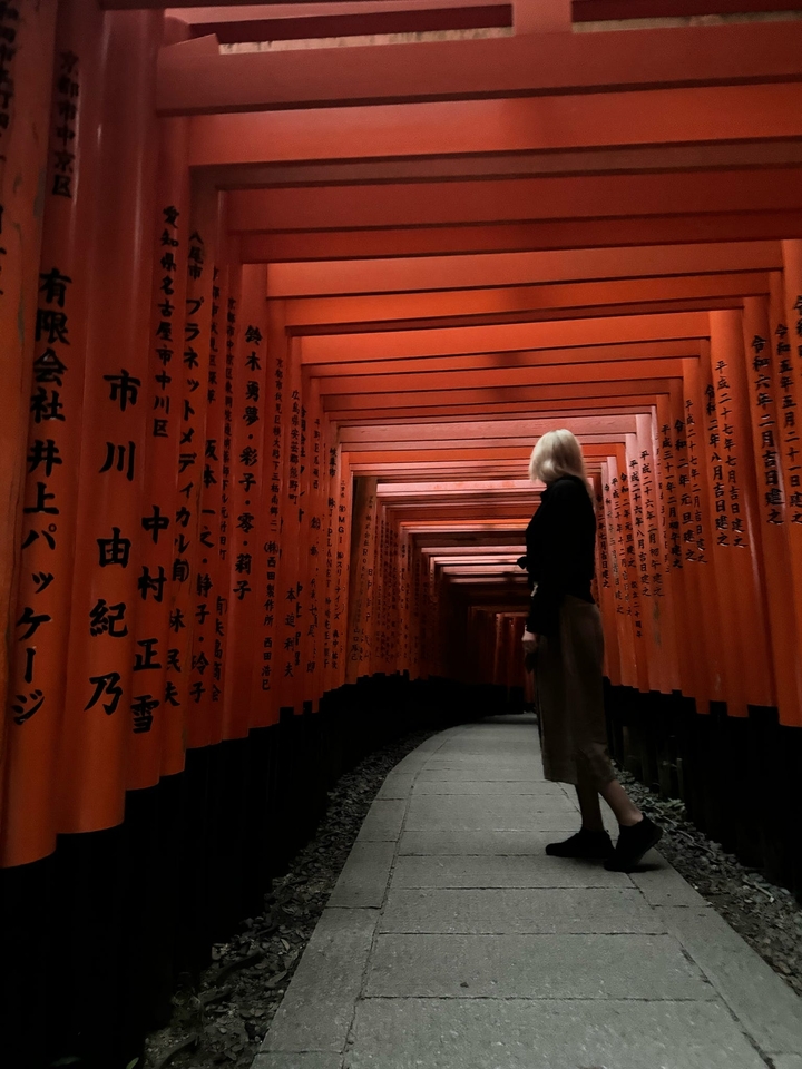 Personne marchant à travers un sentier bordé de torii rouges avec des inscriptions
