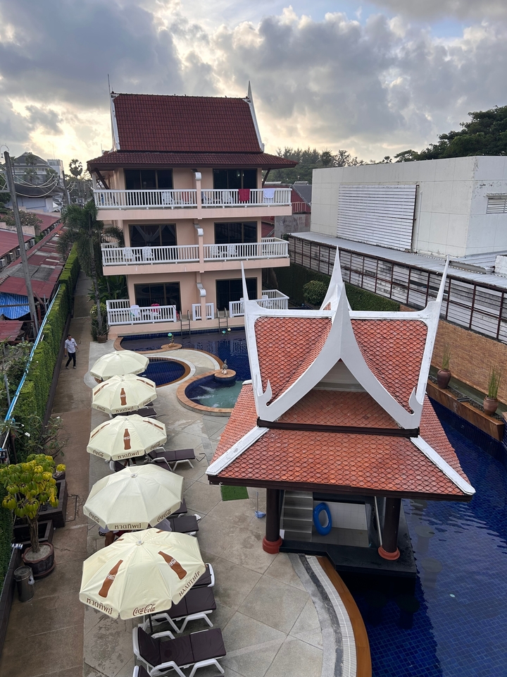 Espace piscine d'hôtel avec toit décoratif et chaises longues.