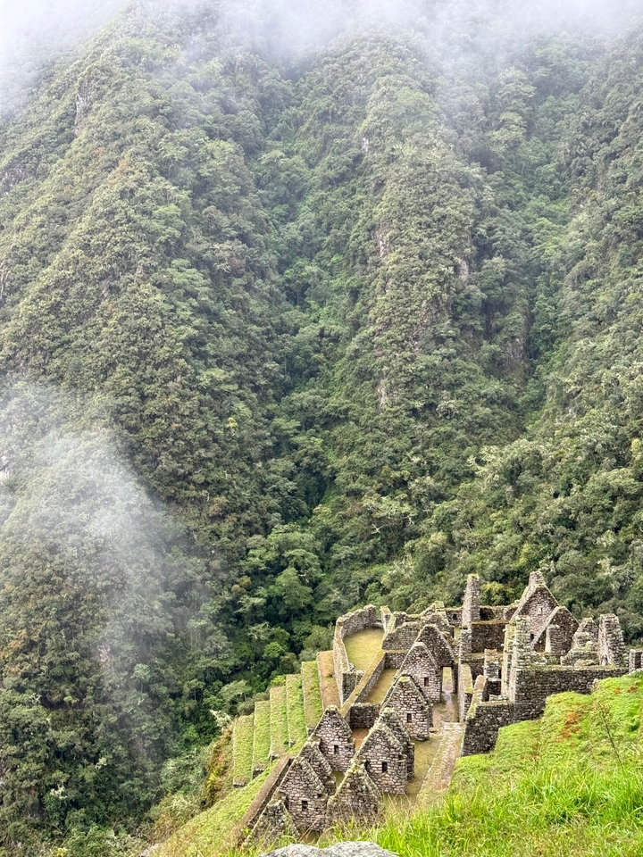 Fernblick auf Ruinen in einer üppigen, gebirgigen Landschaft.