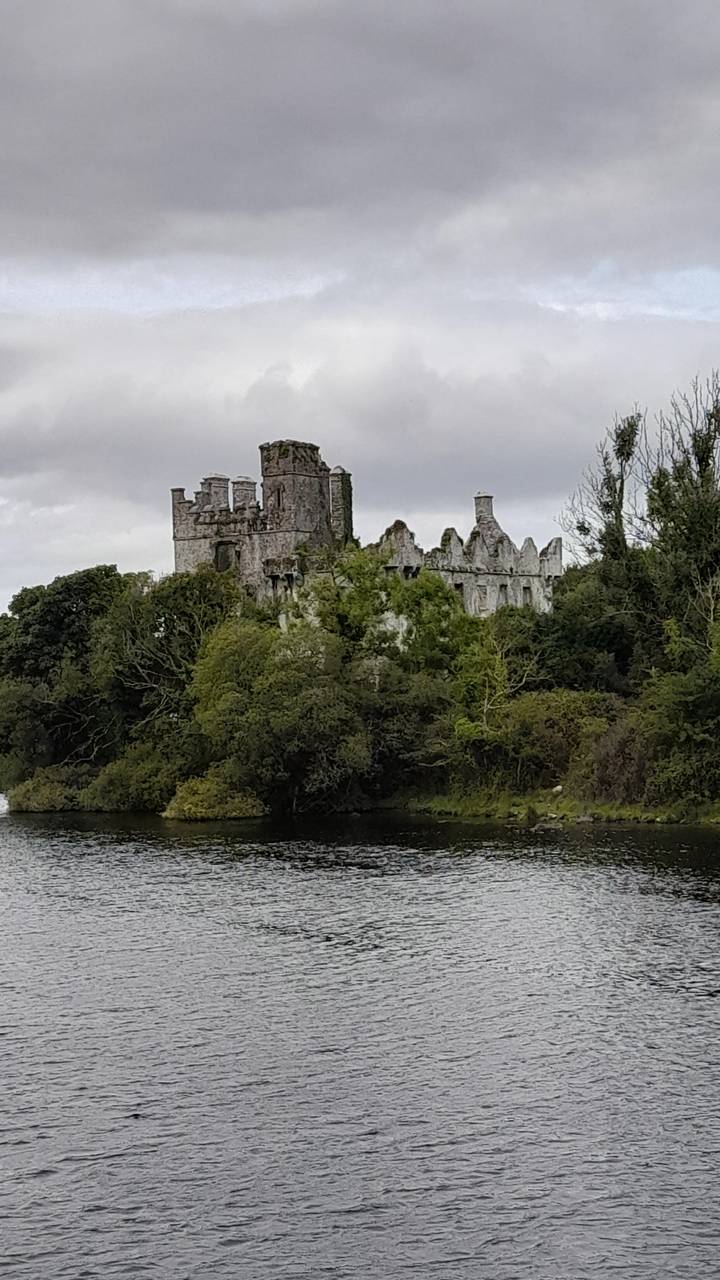 Alte Steinburg umgeben von Bäumen und Wasser.