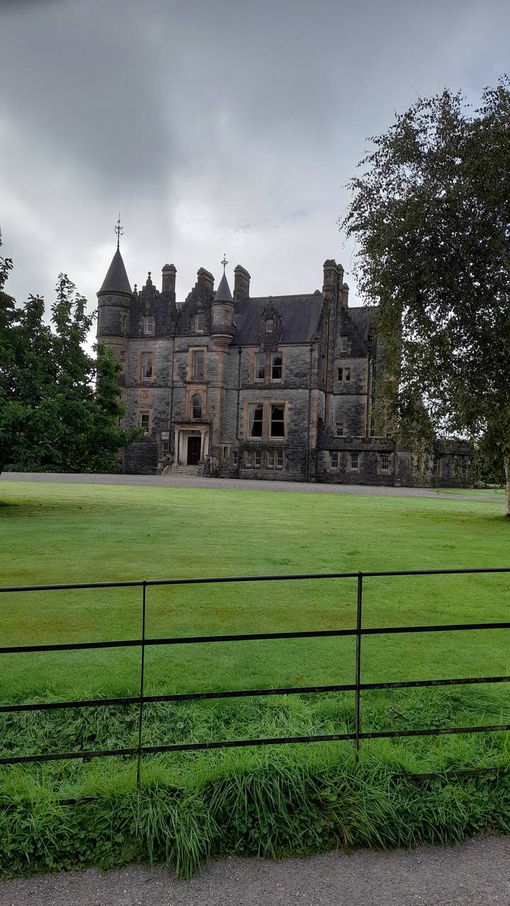 Historisches Steinschloss in einem grasbewachsenen Park.