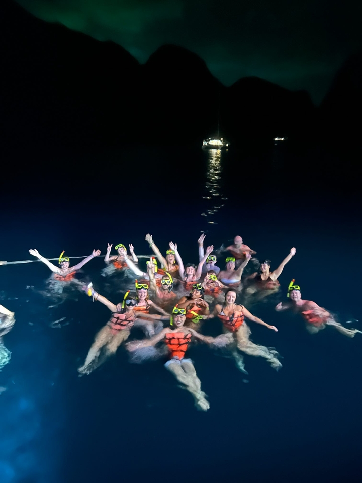 Des gens en gilets de sauvetage nageant la nuit.