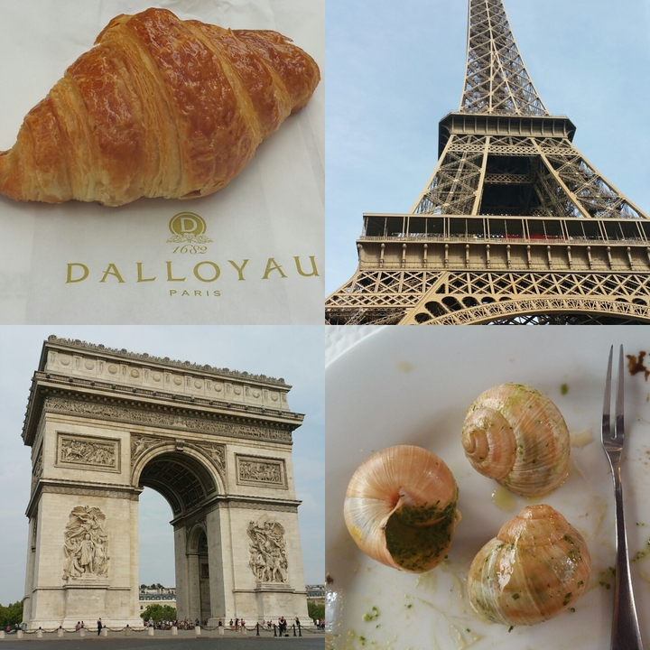 Collage présentant des éléments emblématiques de Paris, notamment la Tour Eiffel et l'Arc de Triomphe.