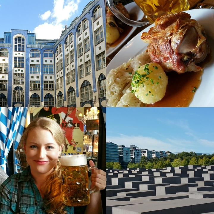 Collage comprenant un repas allemand, un bâtiment architectural et une femme tenant une bière.