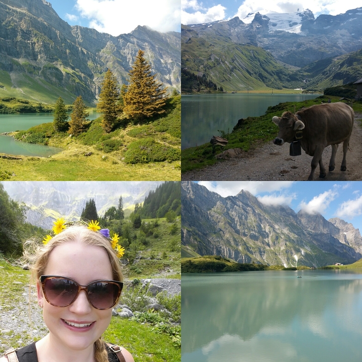 Collage représentant un lac pittoresque, des montagnes et une femme avec une couronne de fleurs.