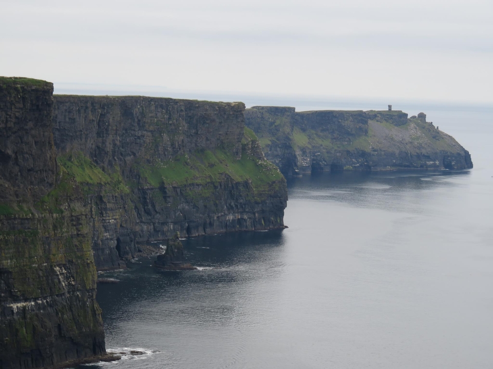 Vue panoramique des falaises de Moher avec de l'herbe verte et un environnement luxuriant.