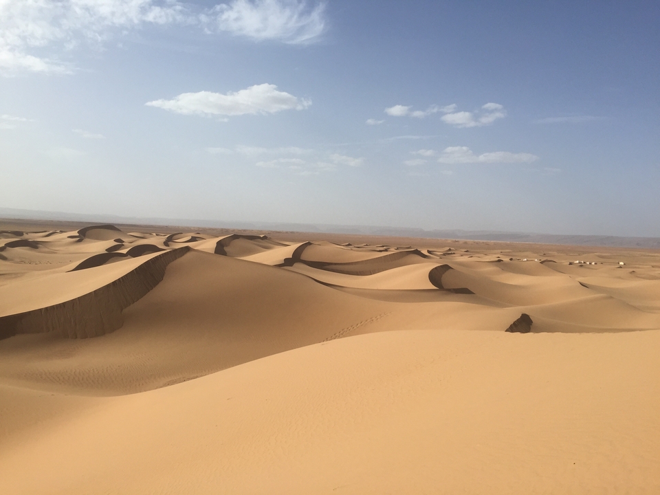 Weitläufiger Blick auf die Sanddünen unter einem klaren Himmel.