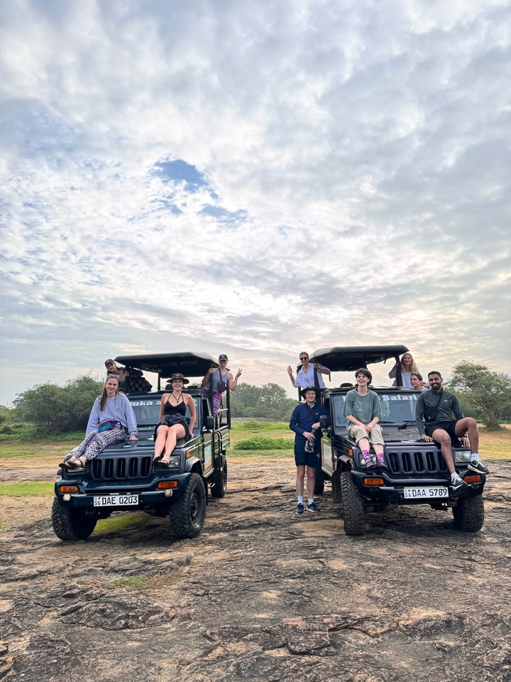 Deux groupes de personnes posant sur le toit de véhicules de safari.