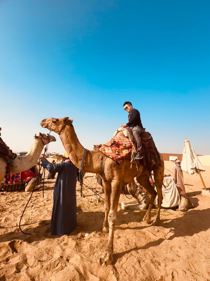 Personne montant un chameau dans un décor désertique.