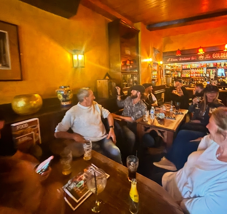 People chatting and drinking in a cozy bar environment.