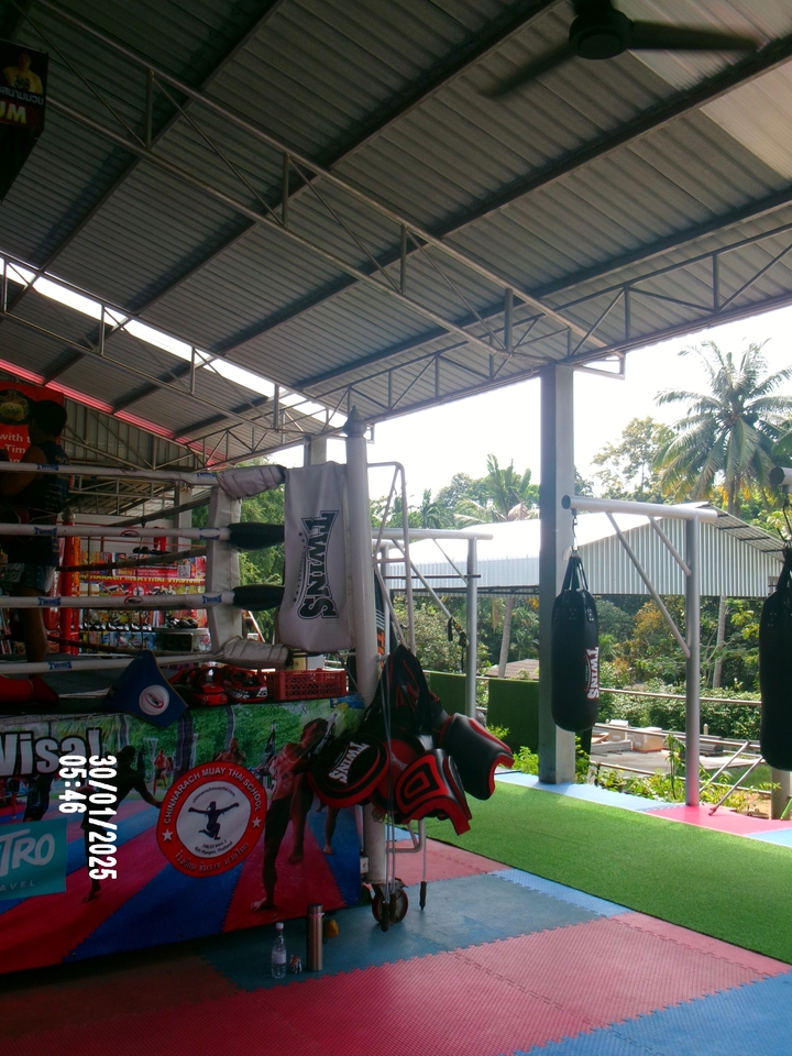 Ring de boxe extérieur sous un abri avec équipement visible.