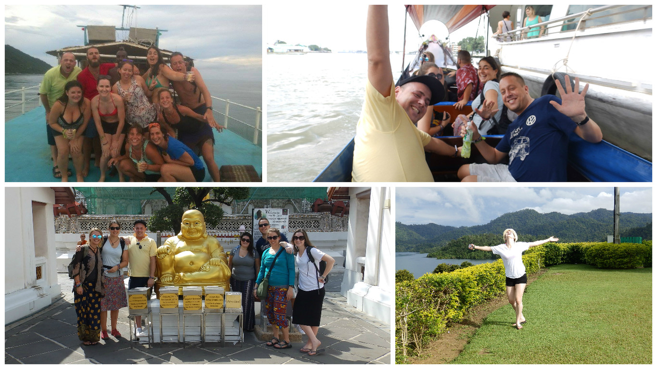 Collage of people in various travel settings including a boat and a temple.