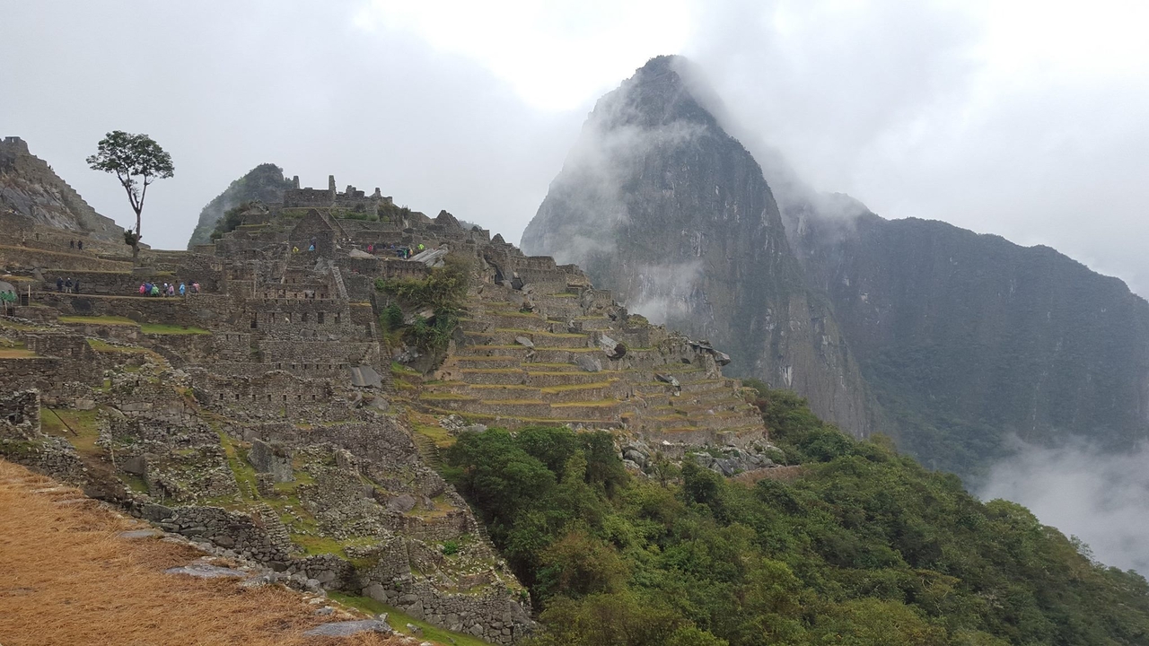 Vue emblématique du Machu Picchu sur des montagnes couvertes de brouillard.
