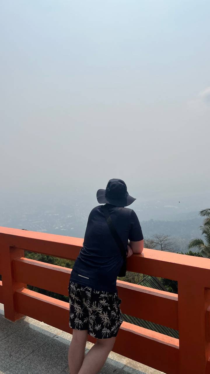 Personne portant un chapeau contemplant un paysage brumeux.