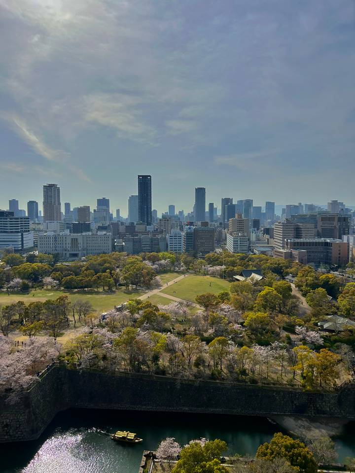Vue urbaine avec un parc au premier plan.