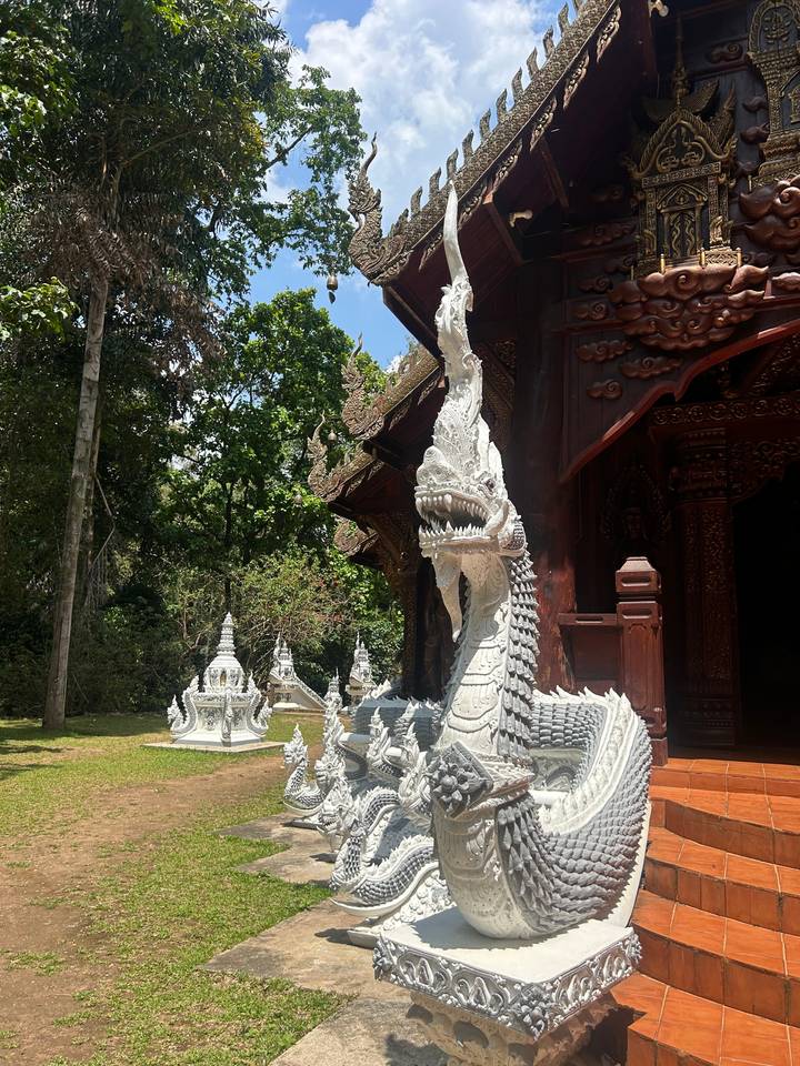 Sculpture de dragon ornée dans un temple avec de la verdure.