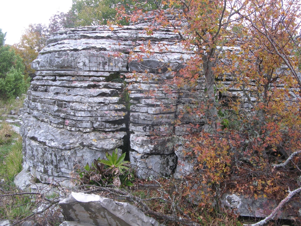 Formations rocheuses entourées de feuillages d'automne.