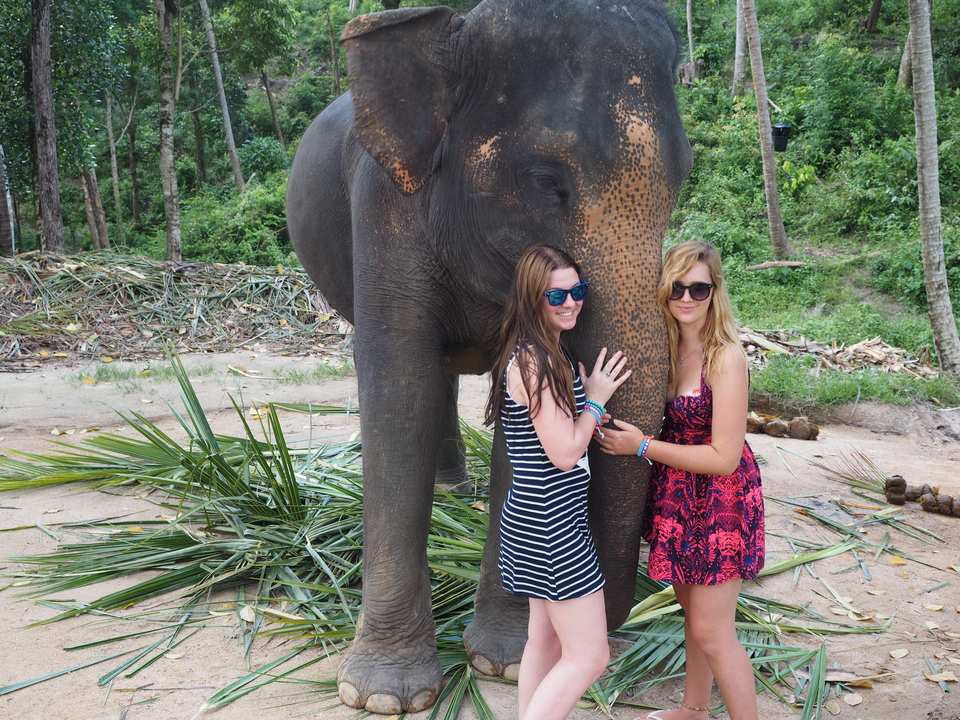 Two women posing with an elephant.