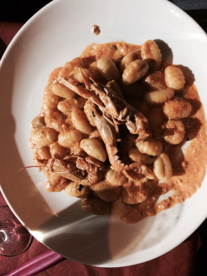 Assiette de gnocchis et de fruits de mer dans une sauce riche.
