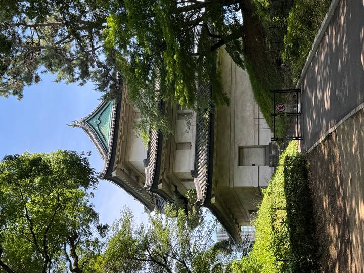 Bâtiment traditionnel japonais entouré d'arbres.