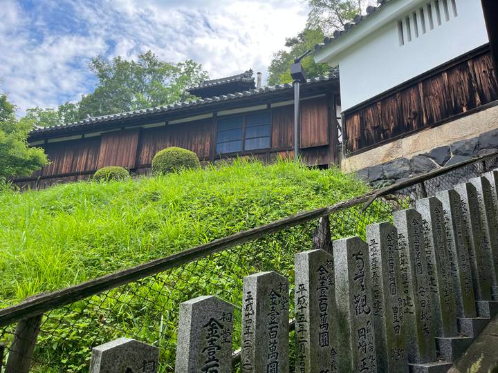 Un bâtiment japonais traditionnel vu depuis une colline herbeuse.
