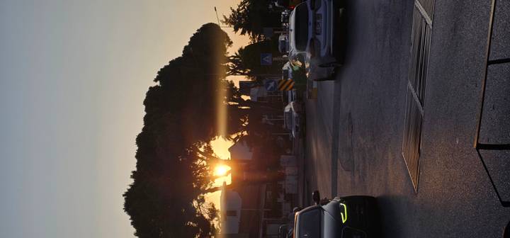 Rue urbaine avec des voitures au coucher du soleil.