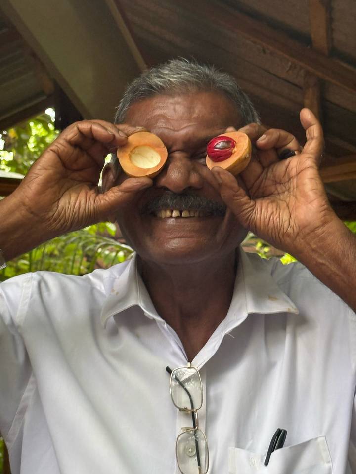 Un homme tenant de manière ludique deux fruits devant ses yeux.