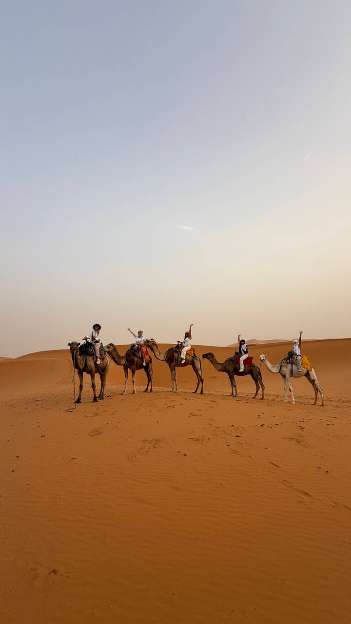 Gruppe von Menschen, die auf Kamelen über Sanddünen reiten.
