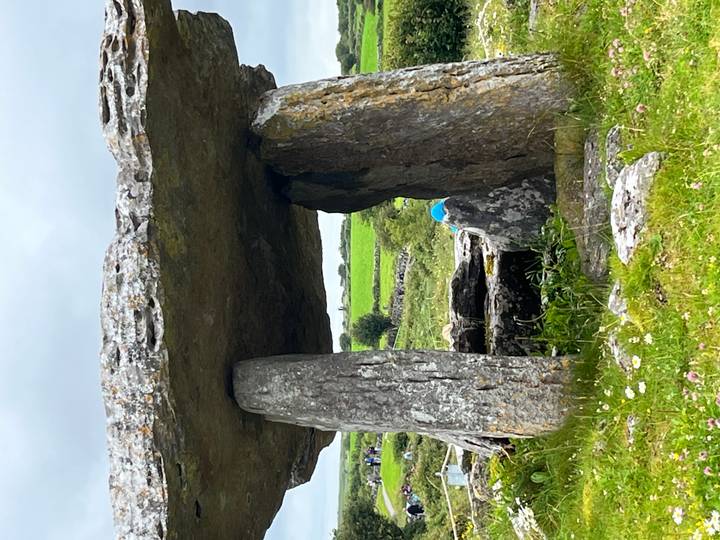 Ancient stone dolmen on grassy field.