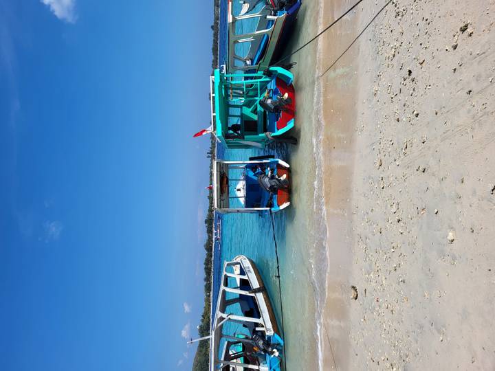 Des bateaux colorés amarrés sur une plage de sable.