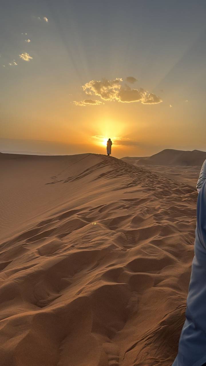 Silhouette of a person standing on sand dune at sunset.