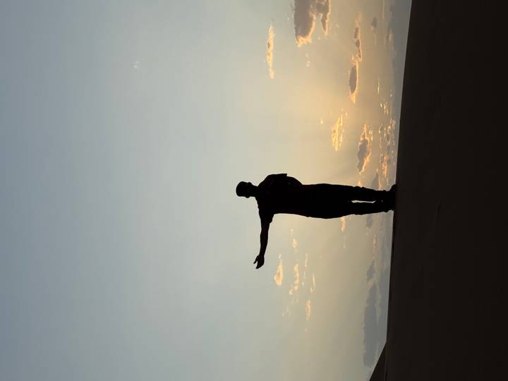 Silhouette of a man pointing at sunset on sand dune.